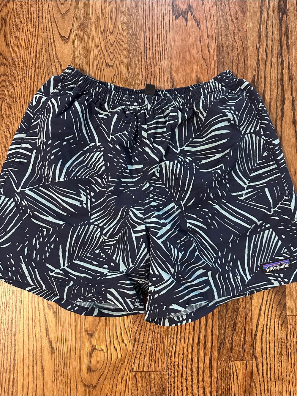 Patagonia Navy swim  Shorts with Light Blue Leaf Pattern